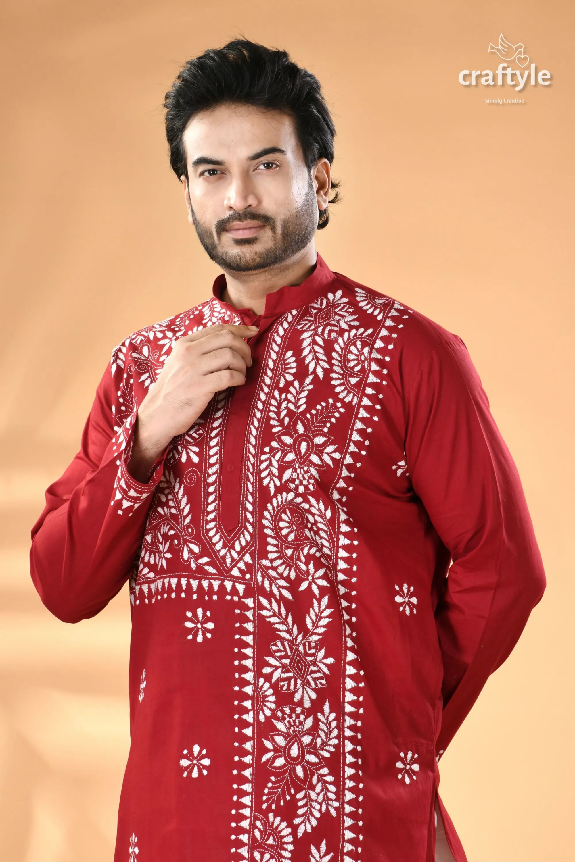 Vivid burgundy white thread kantha work cotton men’s kurta red long-sleeved 2