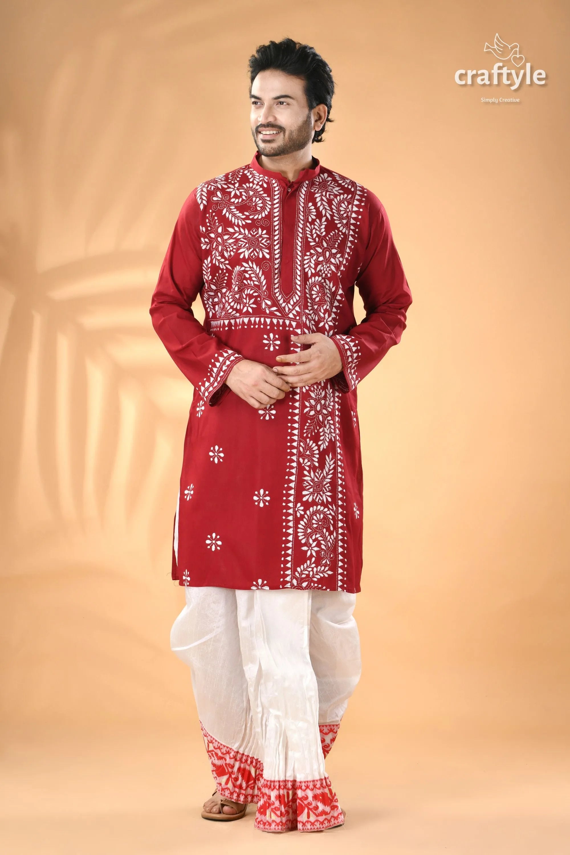 Vivid burgundy white thread kantha work cotton men’s kurta man red embroidered 5