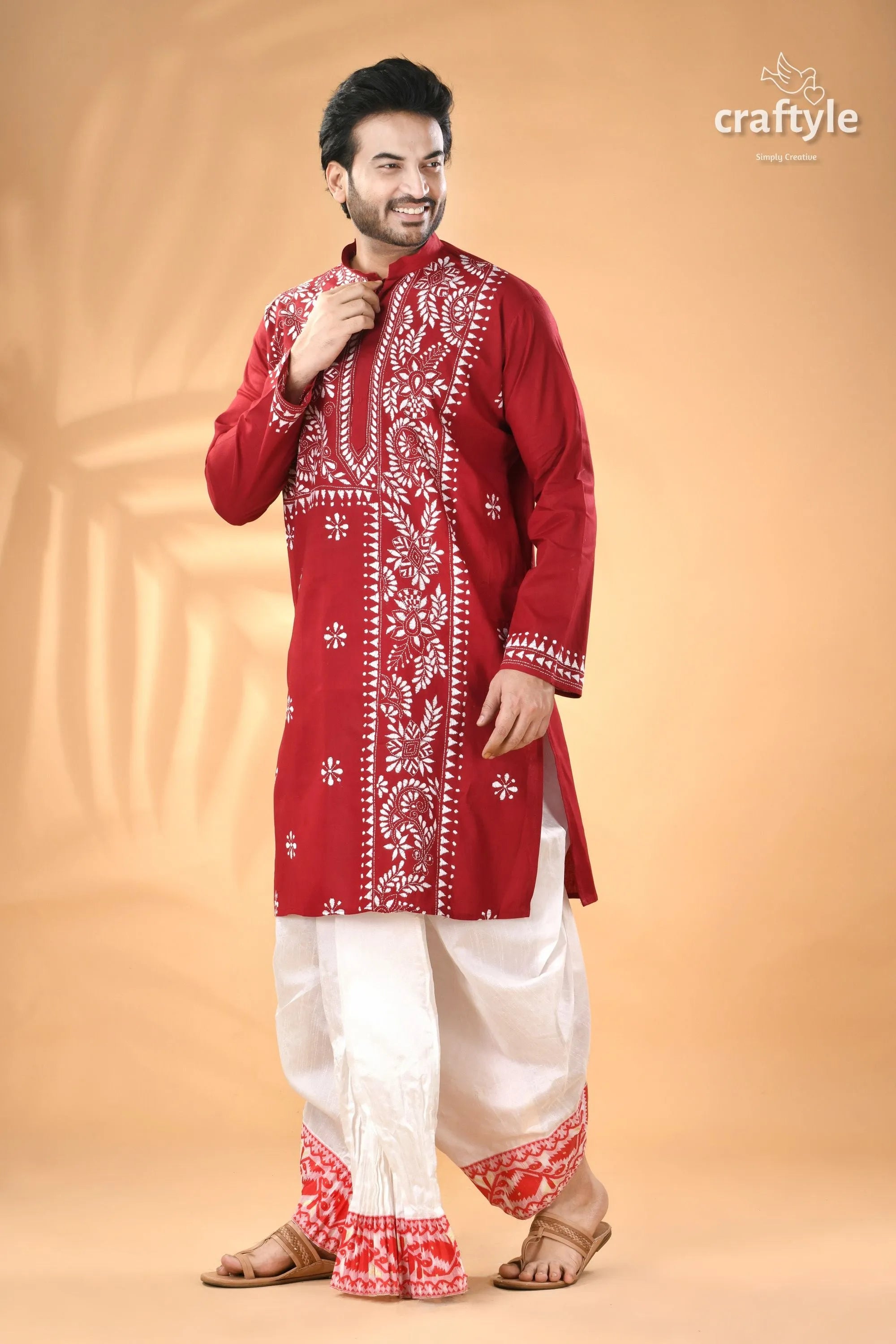 Vivid burgundy white thread kantha work cotton men’s kurta red embroidered 4