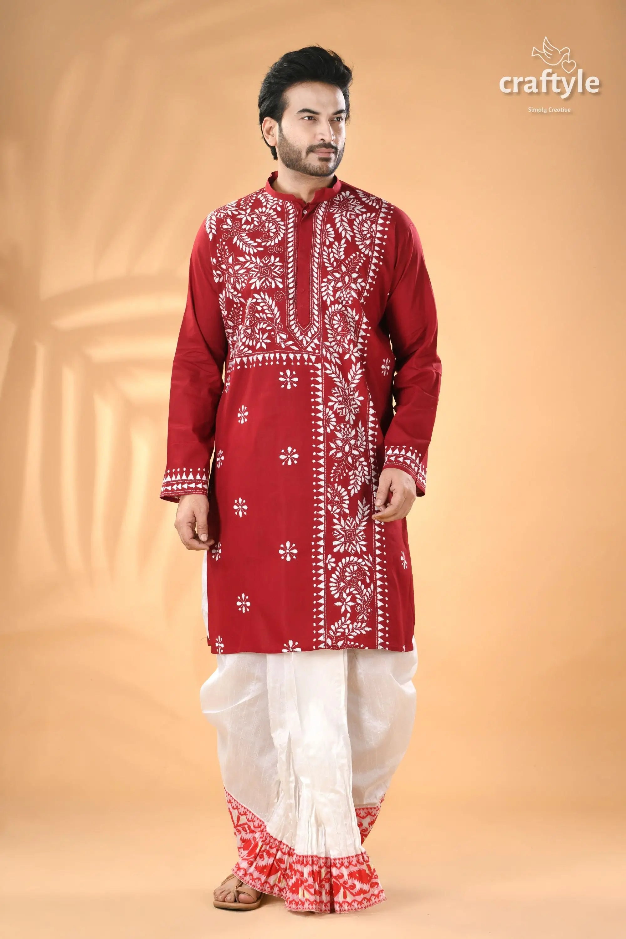 Vivid burgundy white thread kantha work cotton men’s kurta men’s maroon embroidered kurta white 1