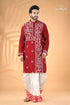 Vivid burgundy white thread kantha work cotton men’s kurta men’s maroon embroidered kurta white 1