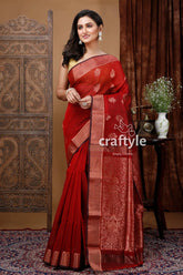 Vivid burgundy zari work handloom saree - intricate design red saree gold border 1
