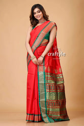 Vivid crimson bomkai silk sari with zari and meenakari work red saree green gold border 4