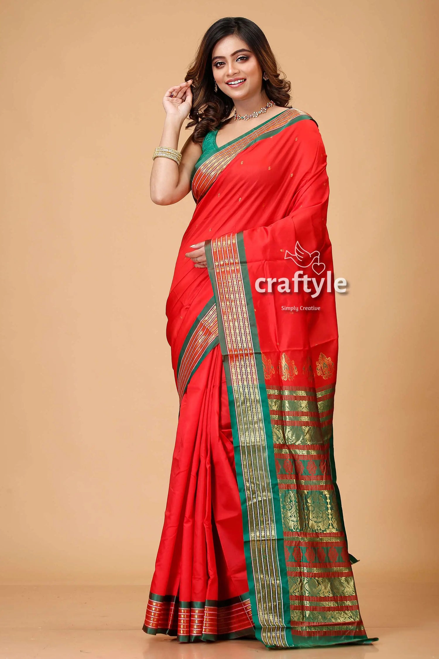 Vivid crimson bomkai silk sari with zari and meenakari work red saree green gold border 1