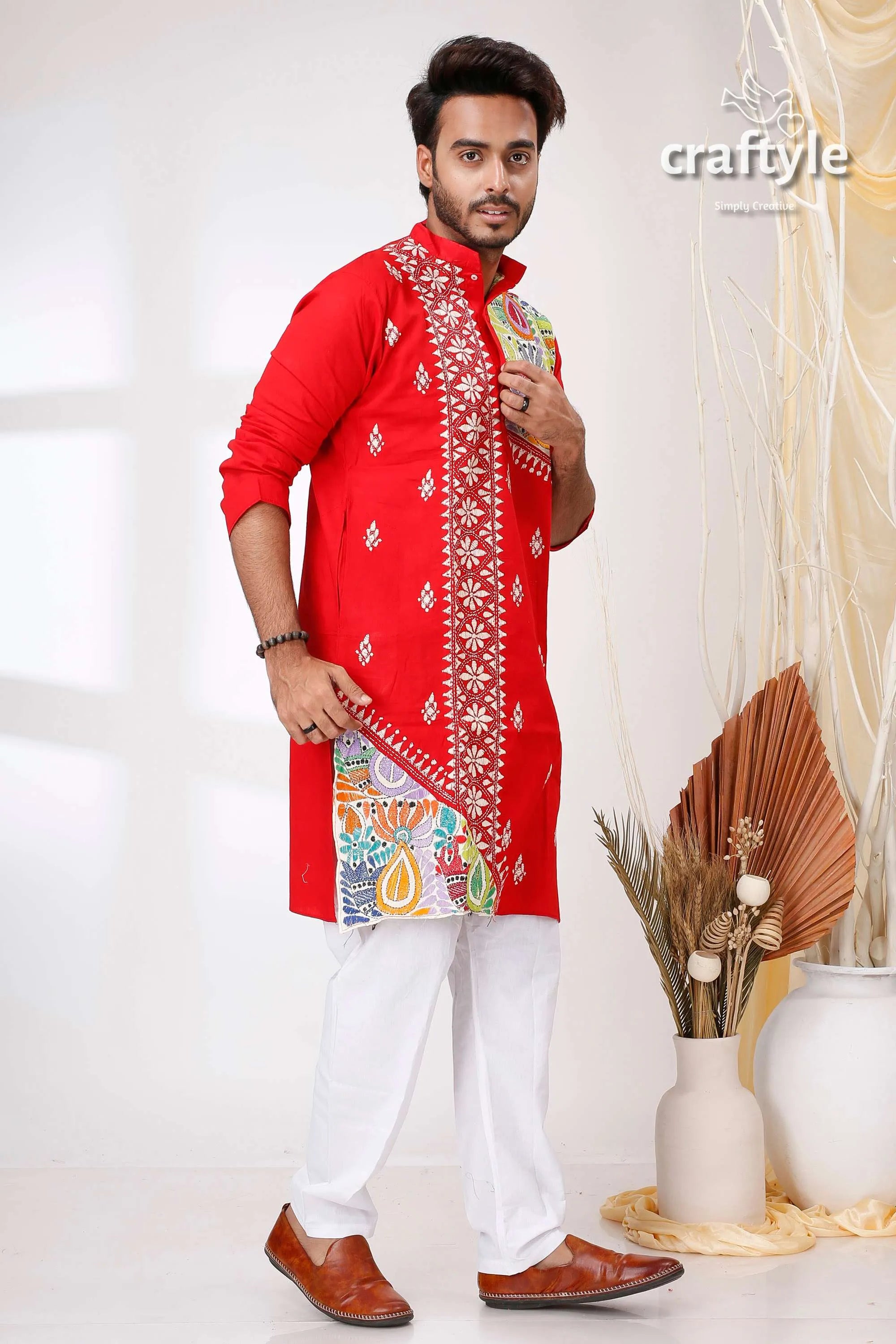 Vivid crimson red kantha stitch designer cotton panjabi for men embroidered kurta white pants 4