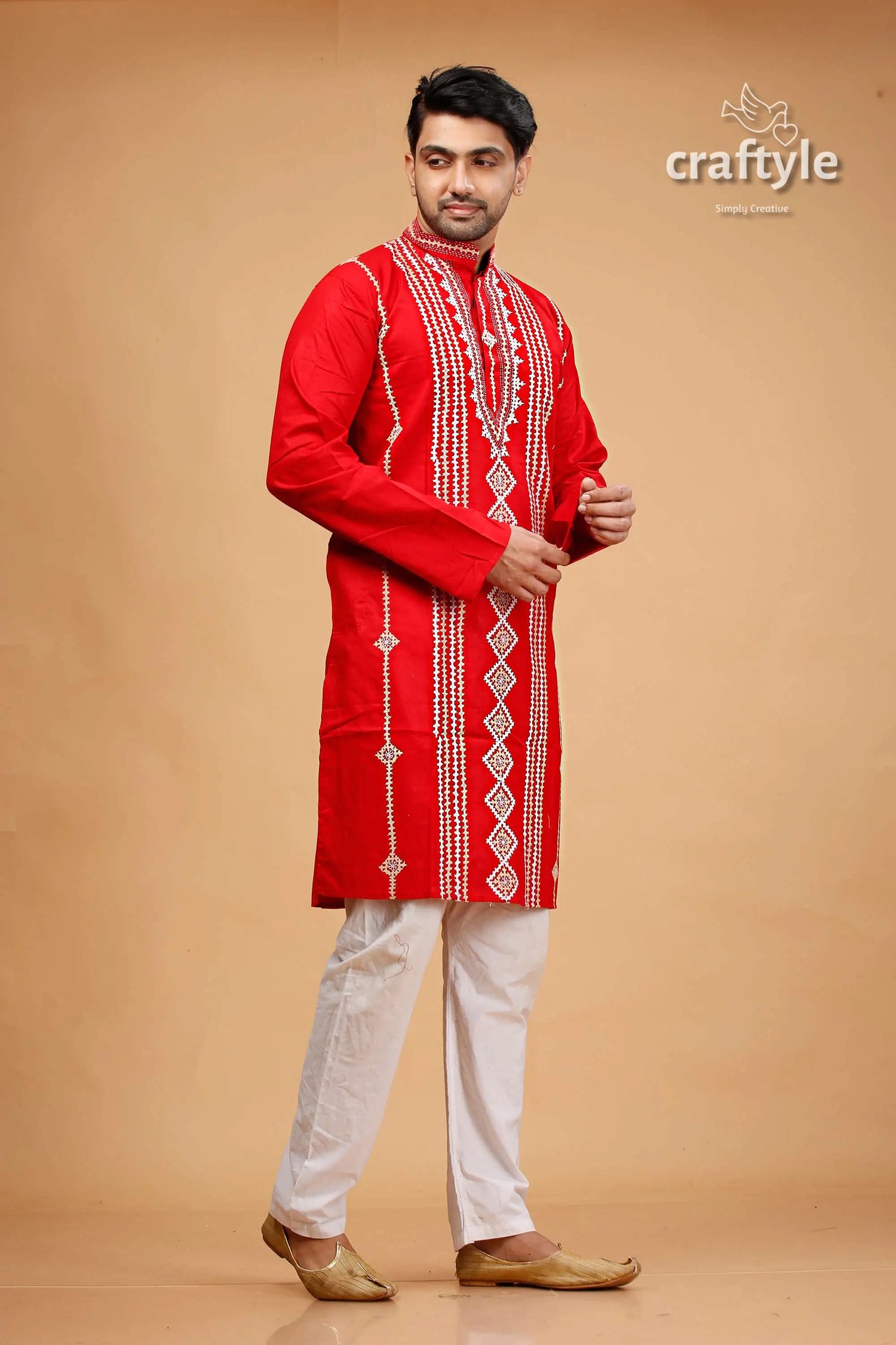 Vivid crimson red kutch work kantha cotton mens kurta red embroidered kurta white pants 4
