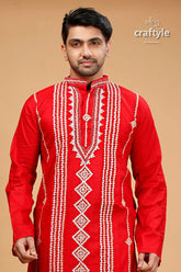 Vivid crimson red kutch work kantha cotton mens kurta red kurta white embroidery 2