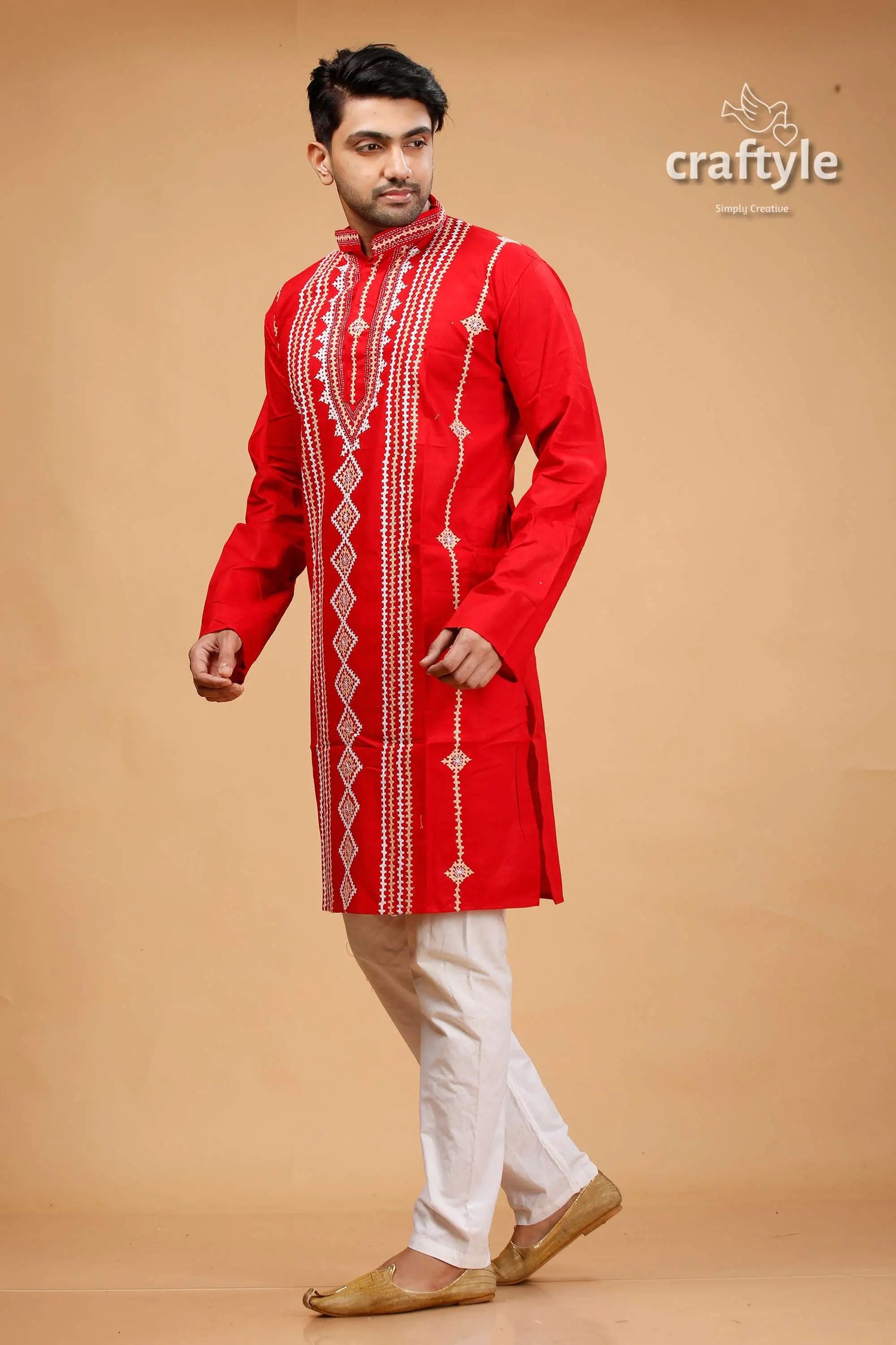 Vivid crimson red kutch work kantha cotton mens kurta red embroidered kurta white pants 3