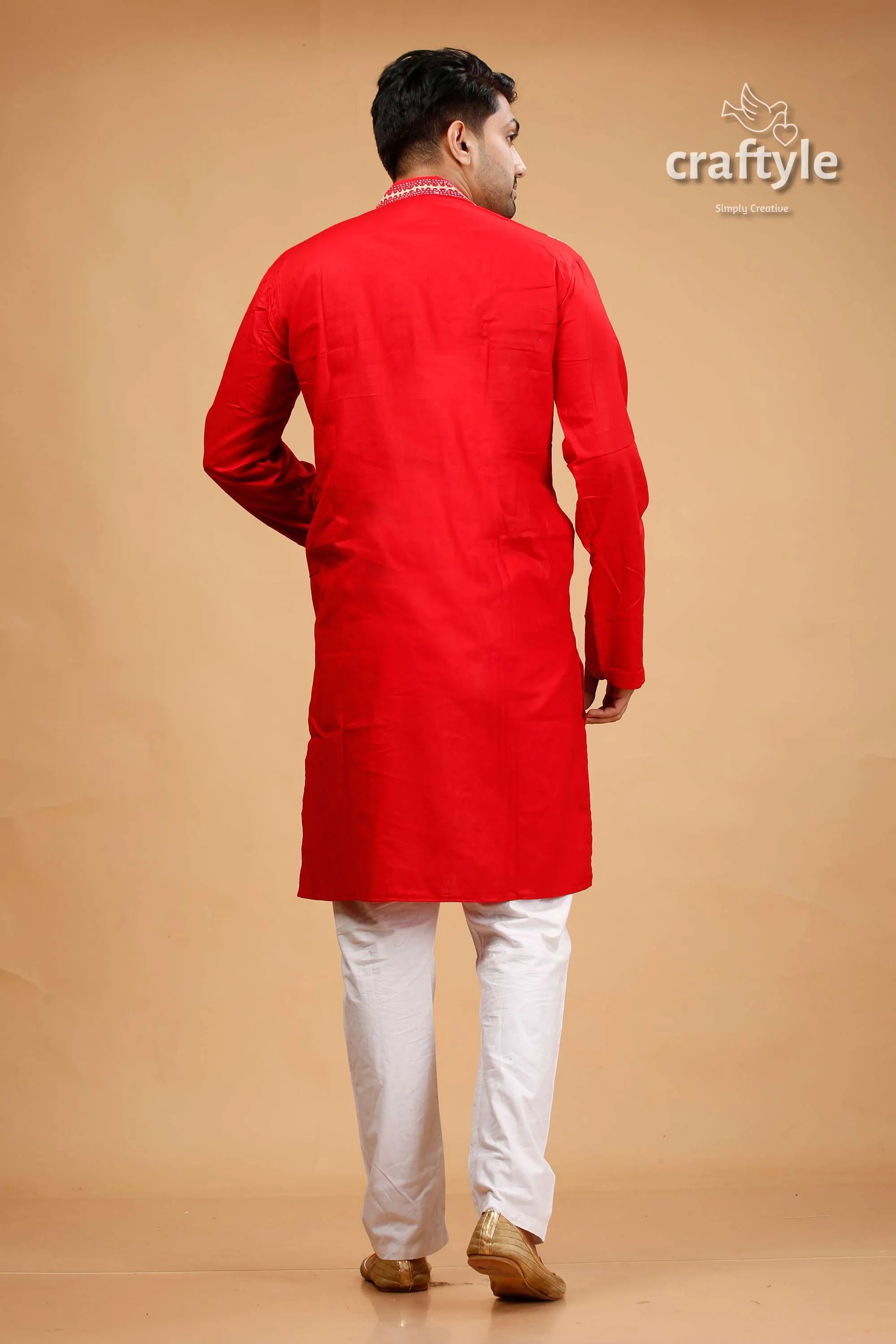 Vivid crimson red kutch work kantha cotton mens kurta red kurta pajama set 5