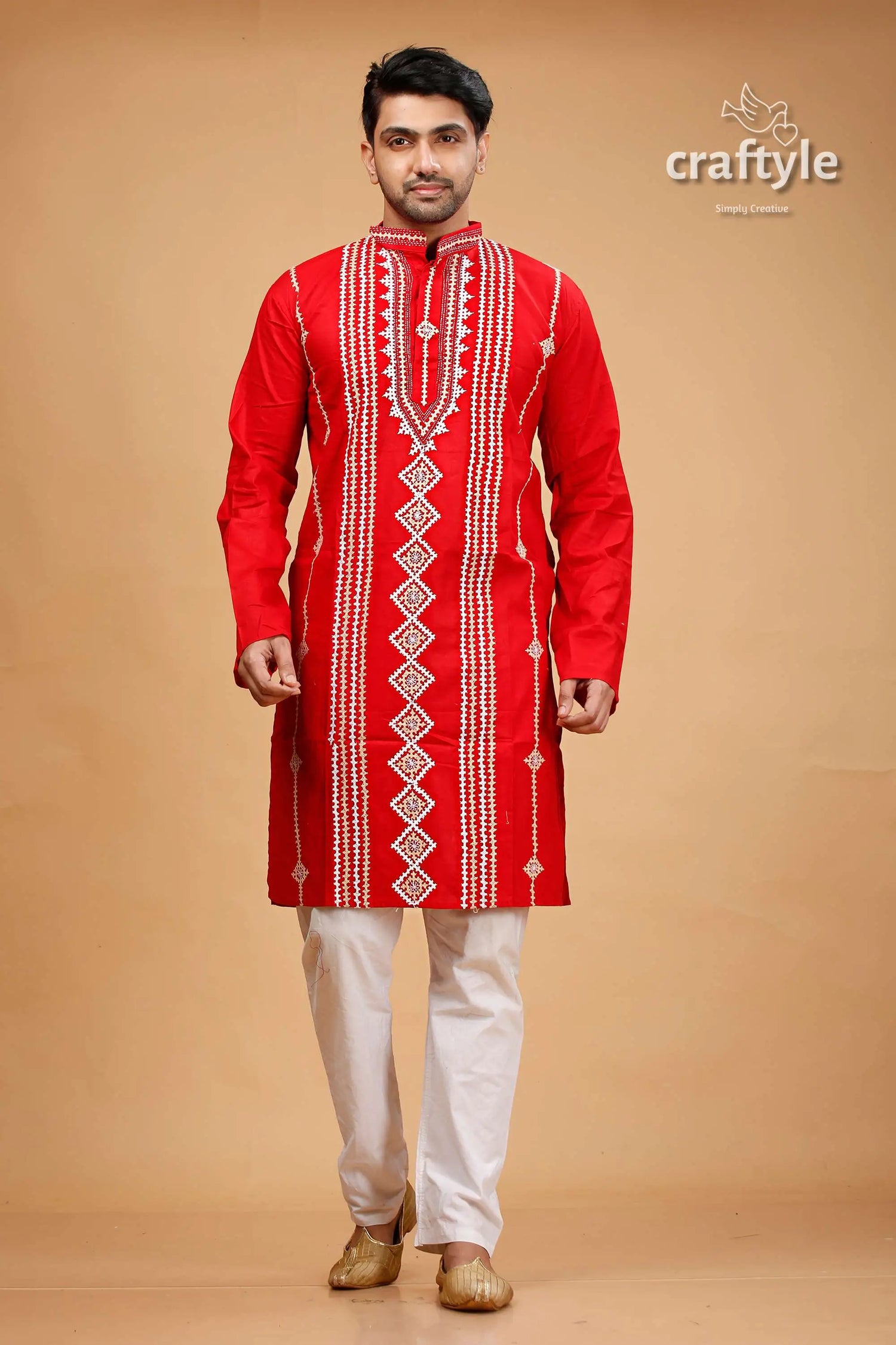 Vivid crimson red kutch work kantha cotton mens kurta red embroidered kurta pajama set 1