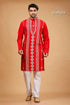 Vivid crimson red kutch work kantha cotton mens kurta red embroidered kurta pajama set 1