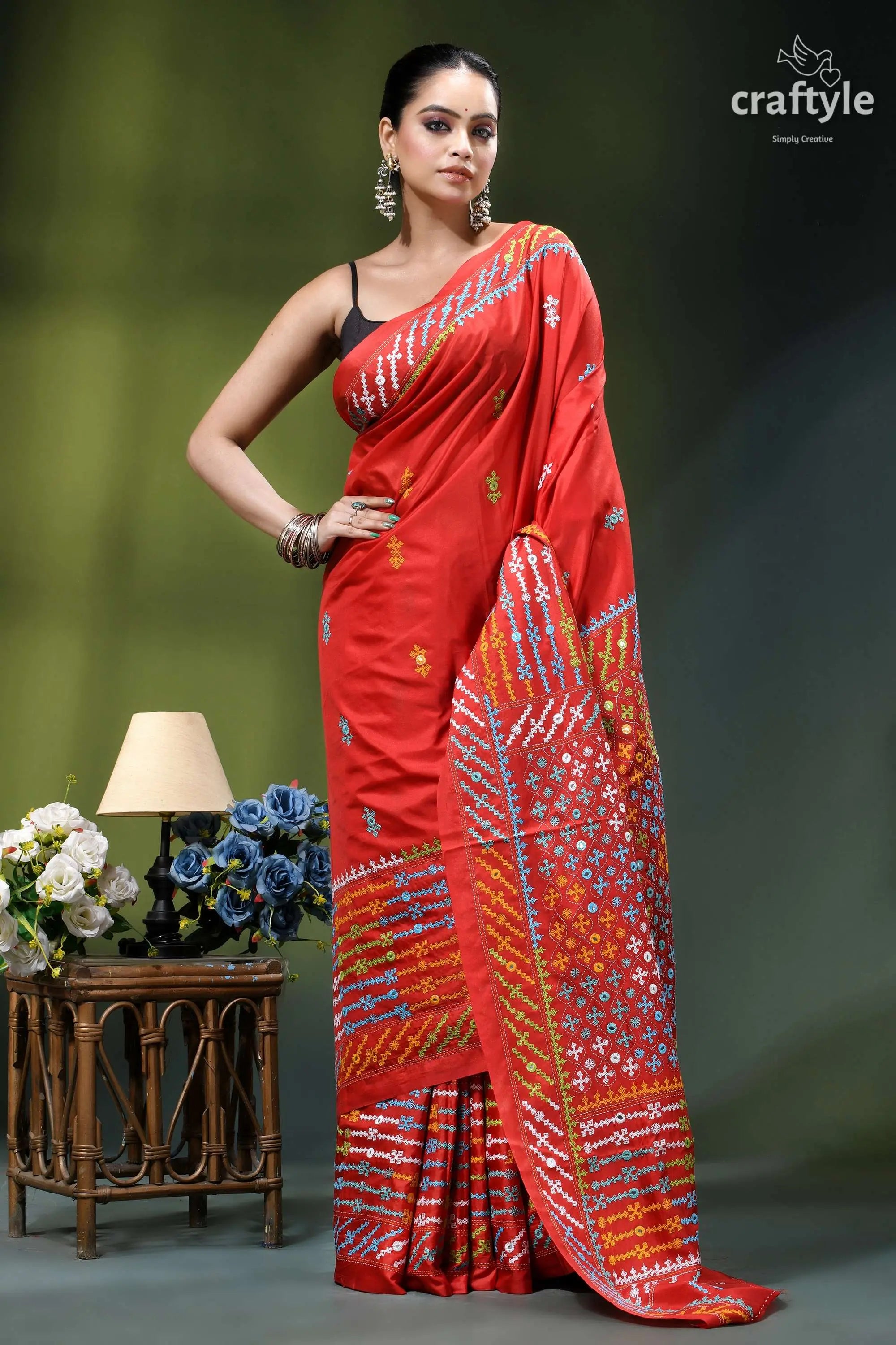 Vivid red intricate gujrati embroidery silk saree with mirror work vibrant red saree adorned intricate 4