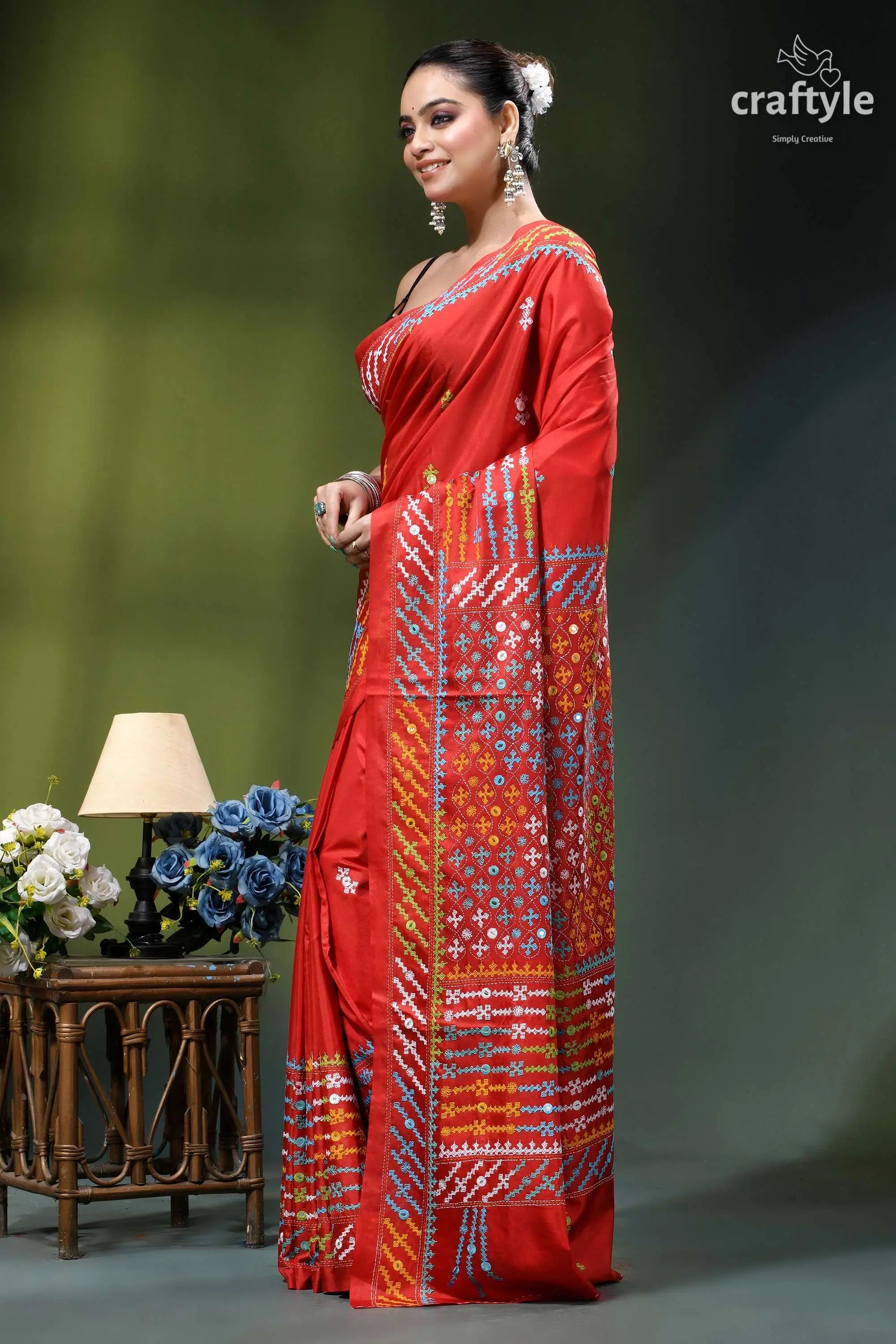 Vivid red intricate gujrati embroidery silk saree with mirror work vibrant red saree adorned intricate 3