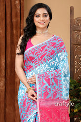 Vivid sky blue-magenta all-over work jamdani saree blue pink printed saree 2