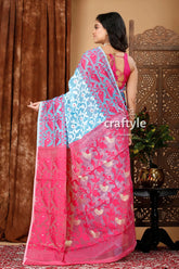 Vivid sky blue-magenta all-over work jamdani saree woman pink blue saree 5