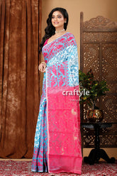 Vivid sky blue-magenta all-over work jamdani saree woman blue pink saree 3