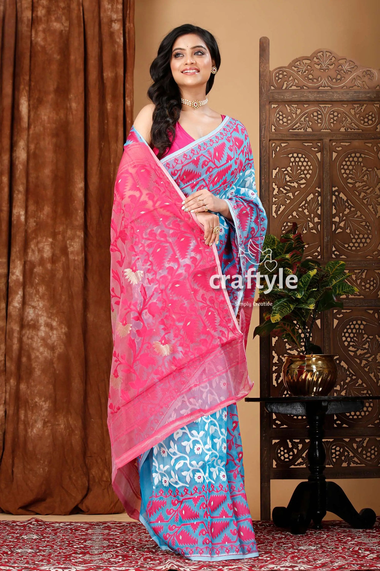 Vivid sky blue-magenta all-over work jamdani saree woman pink blue saree 4