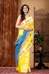 Vivid yellow-blue premium bengal jamdani saree woman yellow blue saree 4