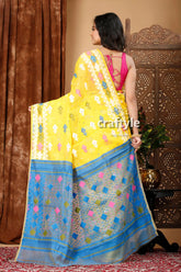 Vivid yellow-blue premium bengal jamdani saree yellow saree blue pink accents 5