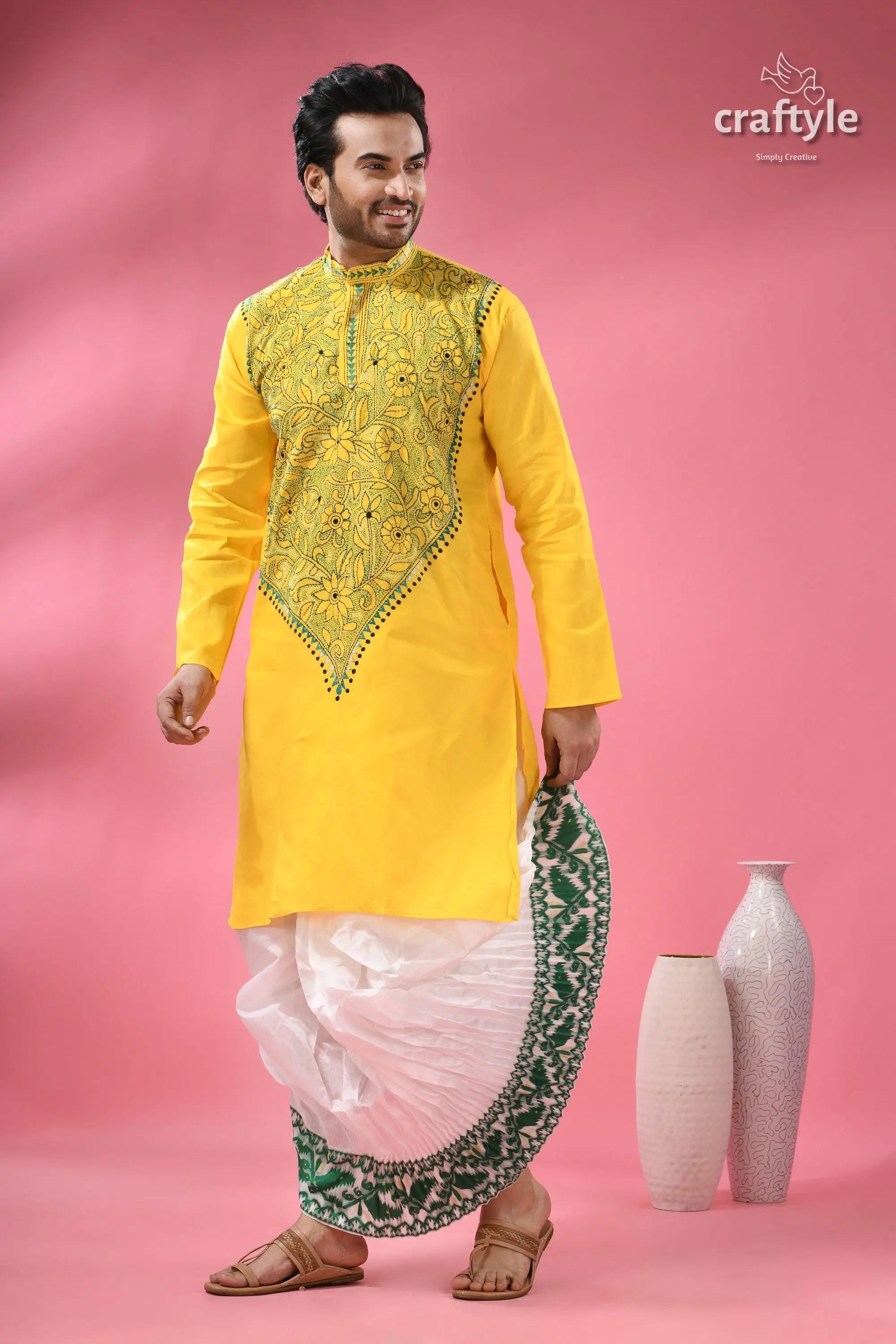 Vivid yellow kantha stitch cotton kurta for men men’s yellow embroidered kurta white 5