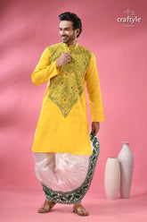Vivid yellow kantha stitch cotton kurta for men men’s yellow embroidered kurta white 6