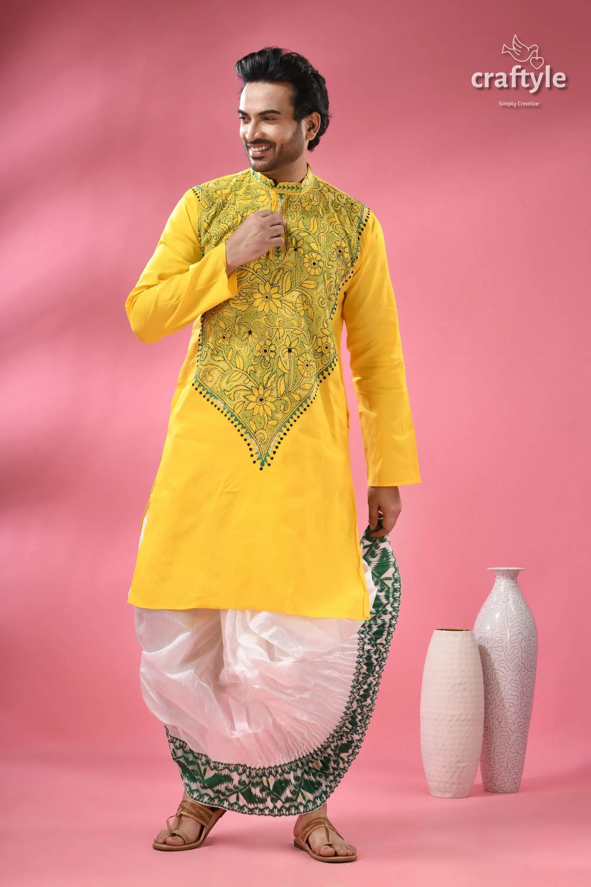 Vivid yellow kantha stitch cotton kurta for men men’s yellow embroidered kurta white 6