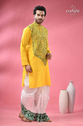 Vivid yellow kantha stitch cotton kurta for men men’s yellow embroidered kurta white 4