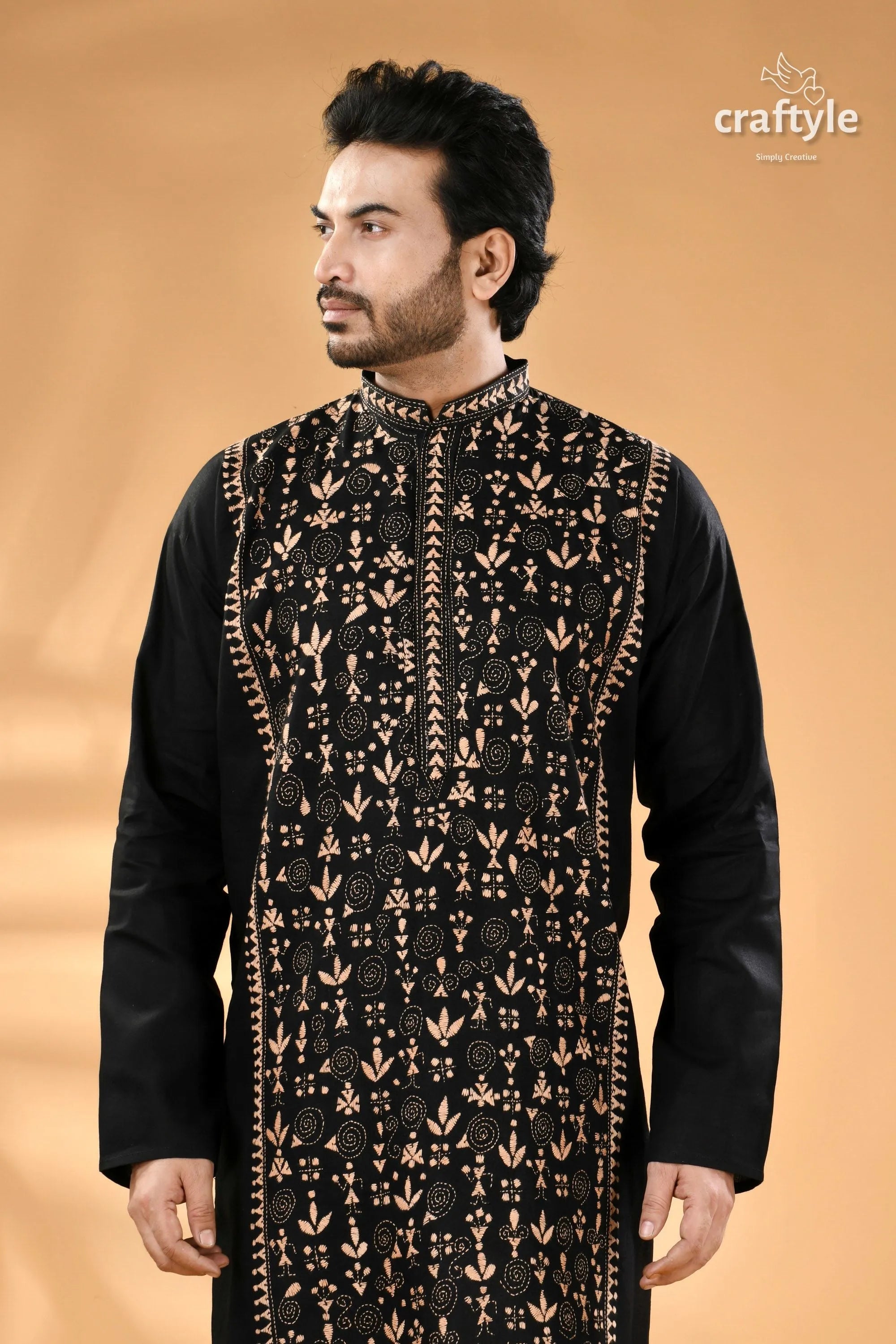 Warli design black kantha stitch cotton kurta for men intricate golden embroidery 5