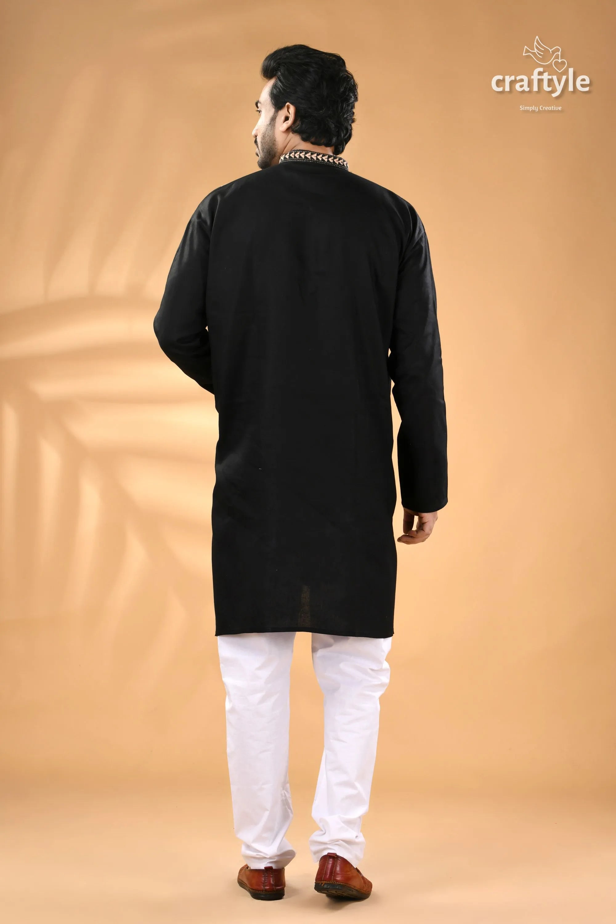 Warli design black kantha stitch cotton kurta for men men’s white pajama 6
