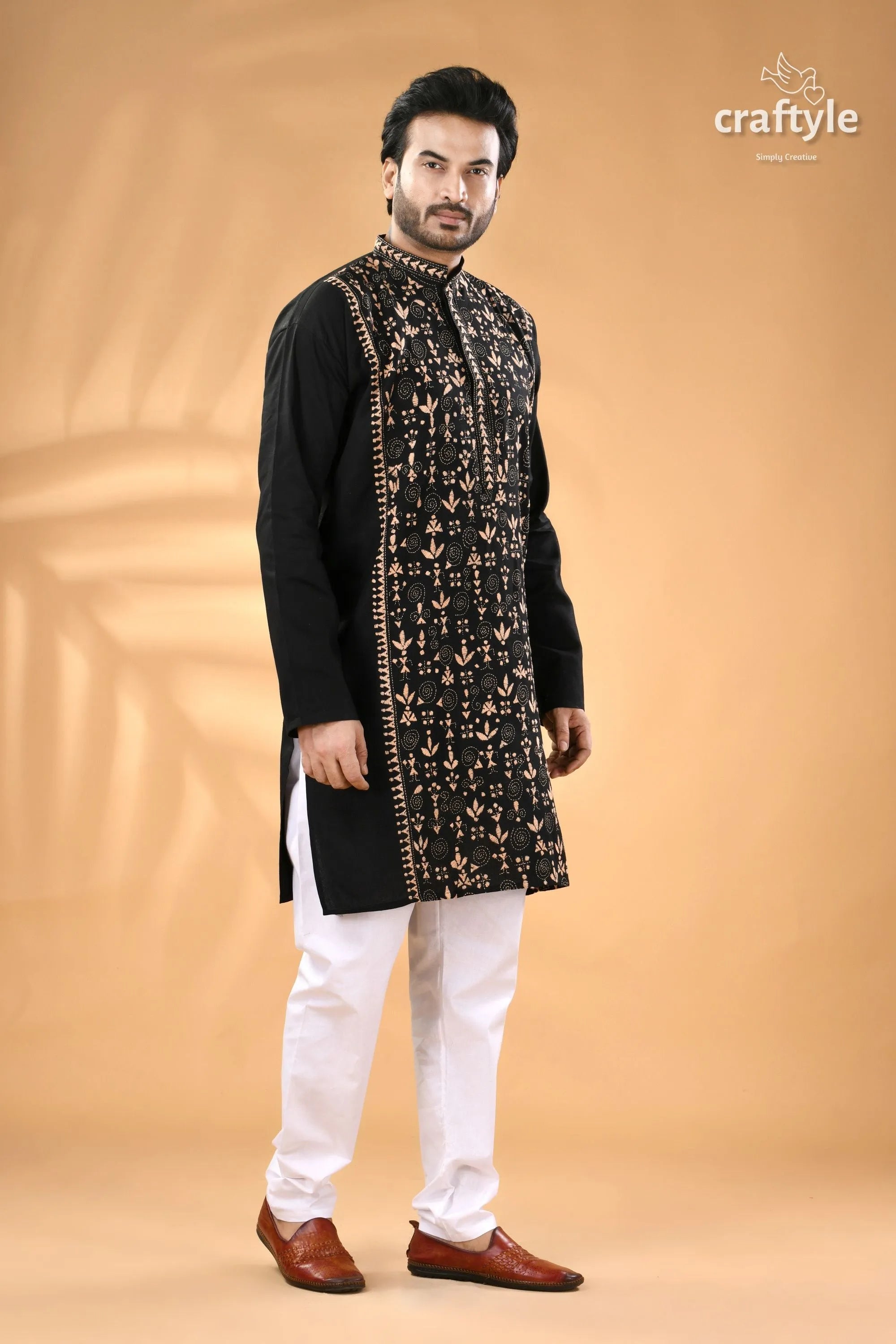 Warli design black kantha stitch cotton kurta for men men’s intricate gold 3
