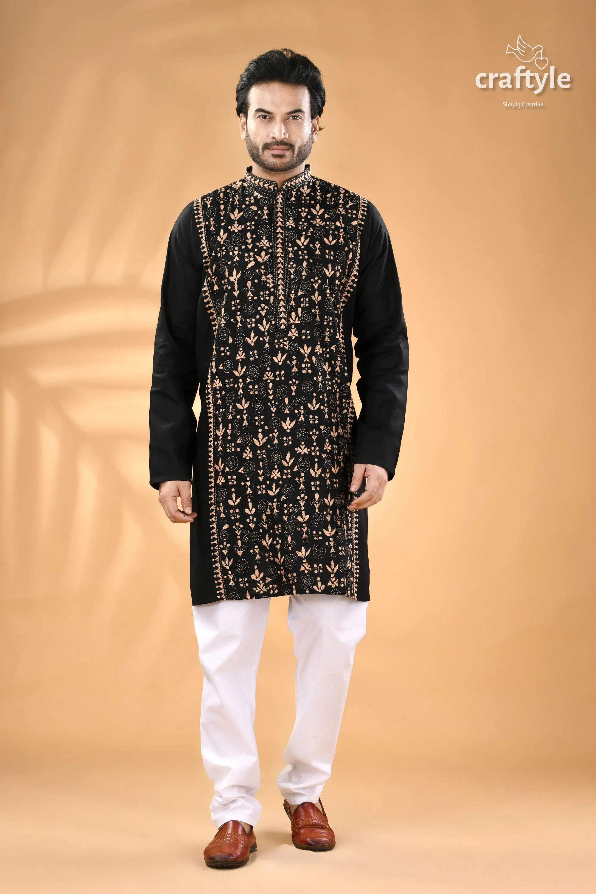Warli design black kantha stitch cotton kurta for men man’s intricate embroidery 1