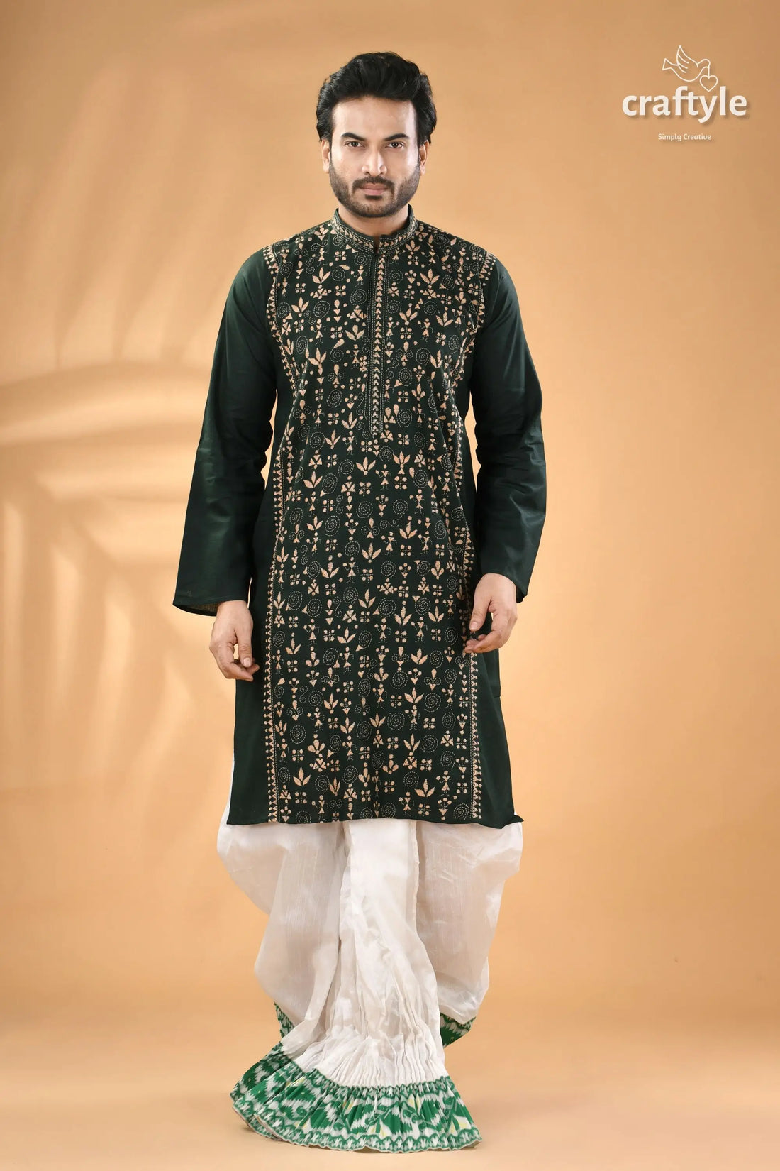 Warli design jungle green hand kantha stitched punjabi for men men’s black embroidered kurta white 2