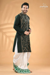 Warli design jungle green hand kantha stitched punjabi for men men’s dark green kurta white 3