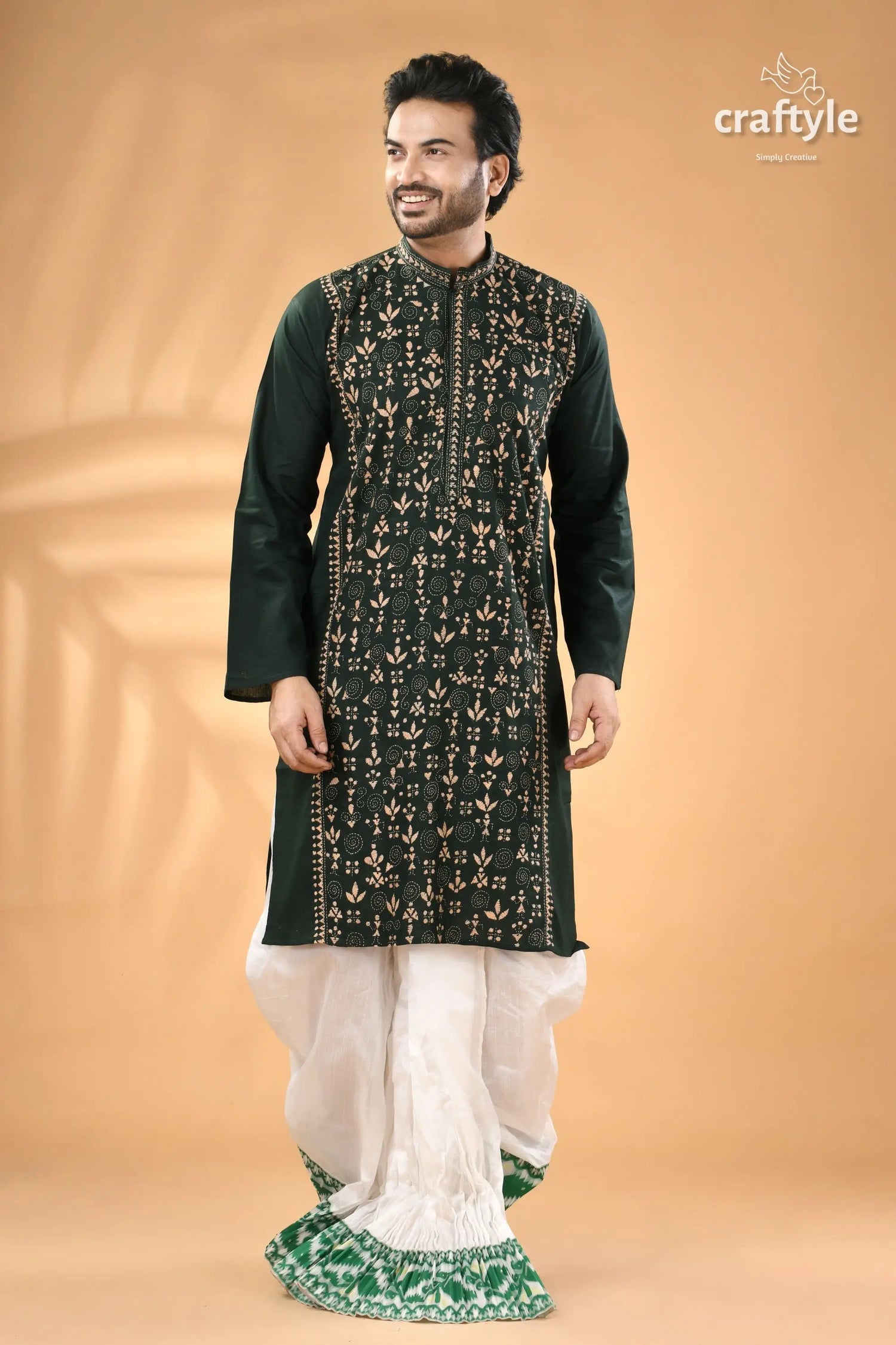 Warli design jungle green hand kantha stitched punjabi for men dark green men’s kurta intricate 1