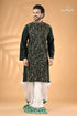 Warli design jungle green hand kantha stitched punjabi for men dark green men’s kurta intricate 1