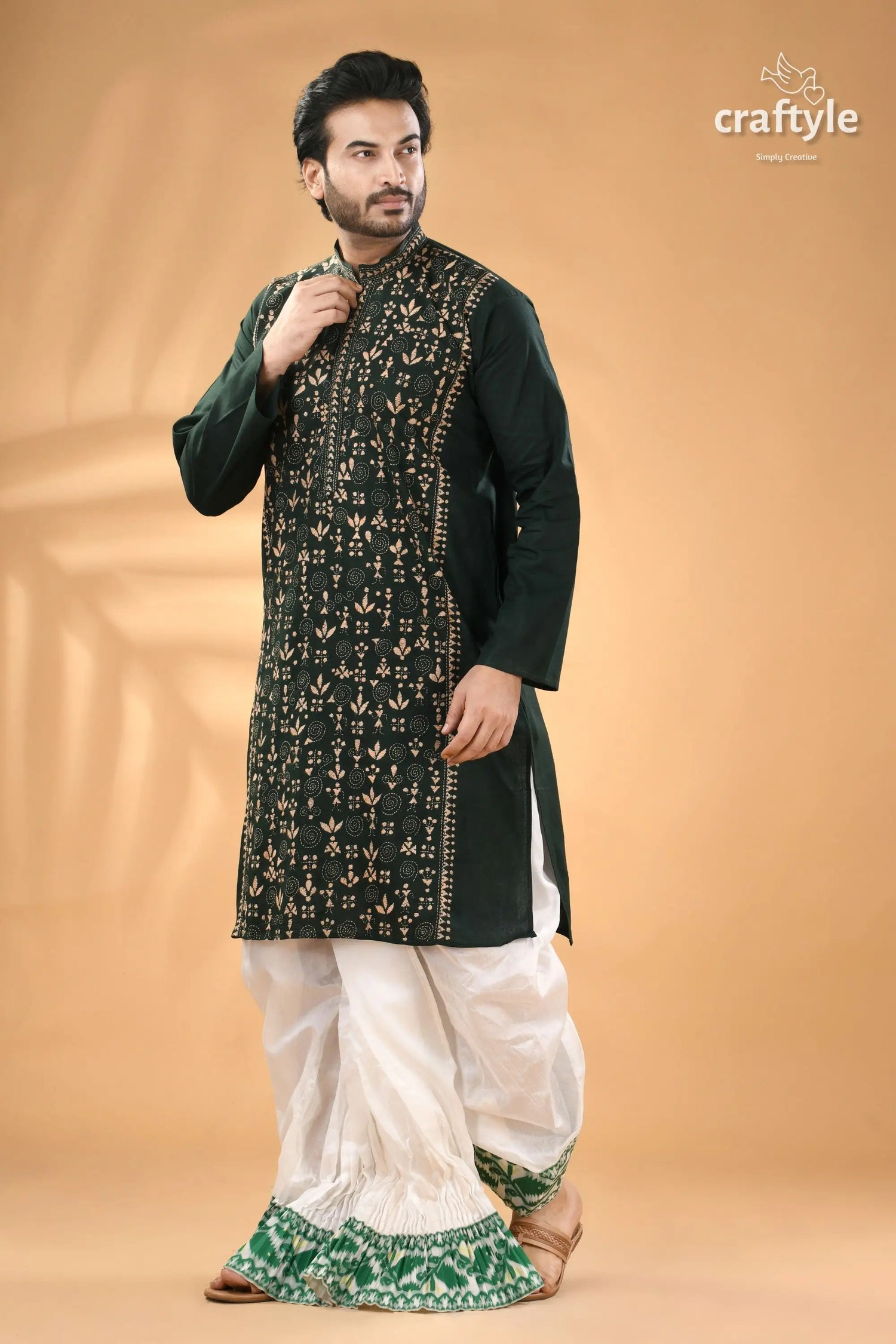 Warli design jungle green hand kantha stitched punjabi for men men’s dark green embroidered long 4