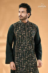 Warli design jungle green hand kantha stitched punjabi for men men’s dark green embroidered long sleeved 5