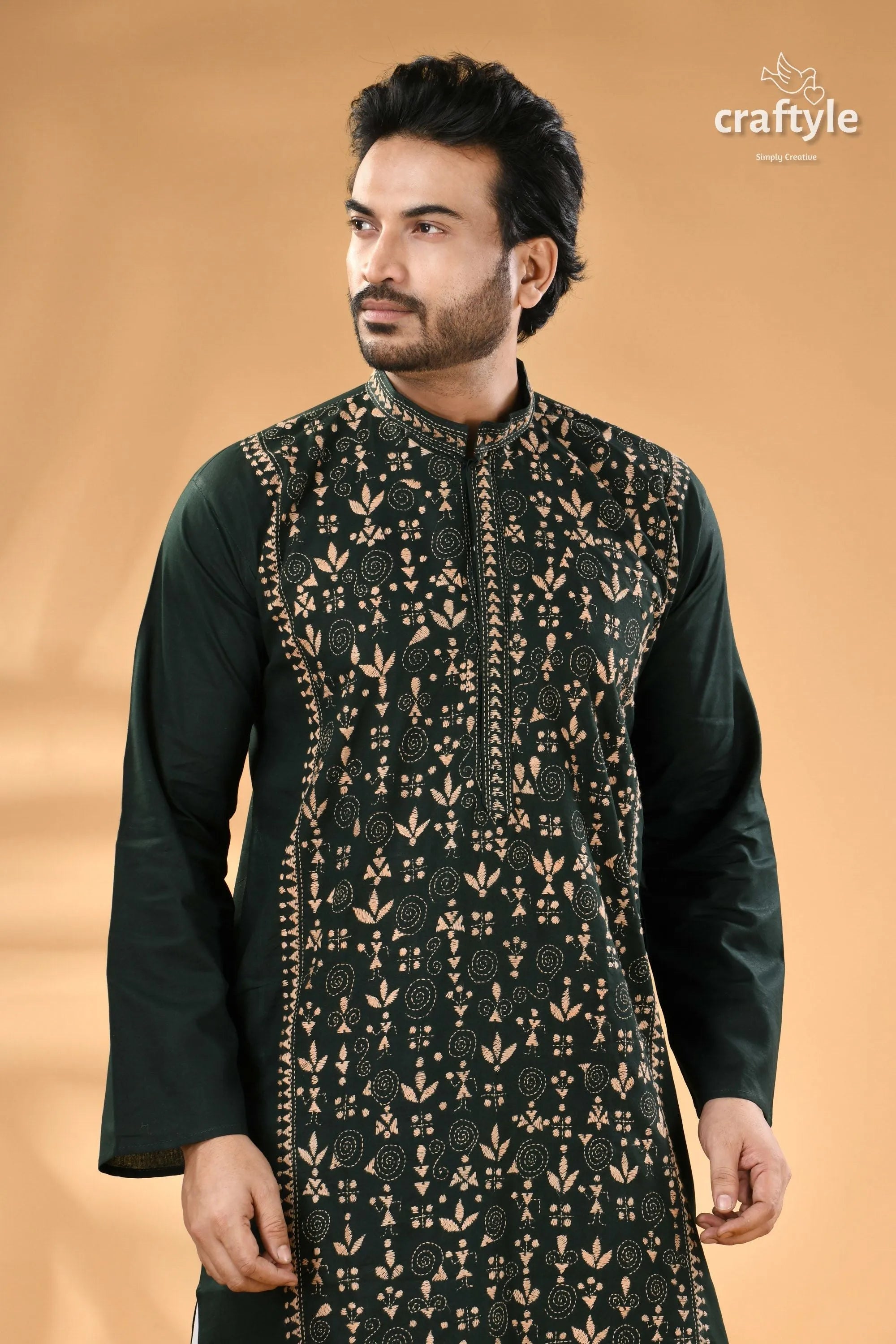 Warli design jungle green hand kantha stitched punjabi for men men’s dark green embroidered long-sleeved 5