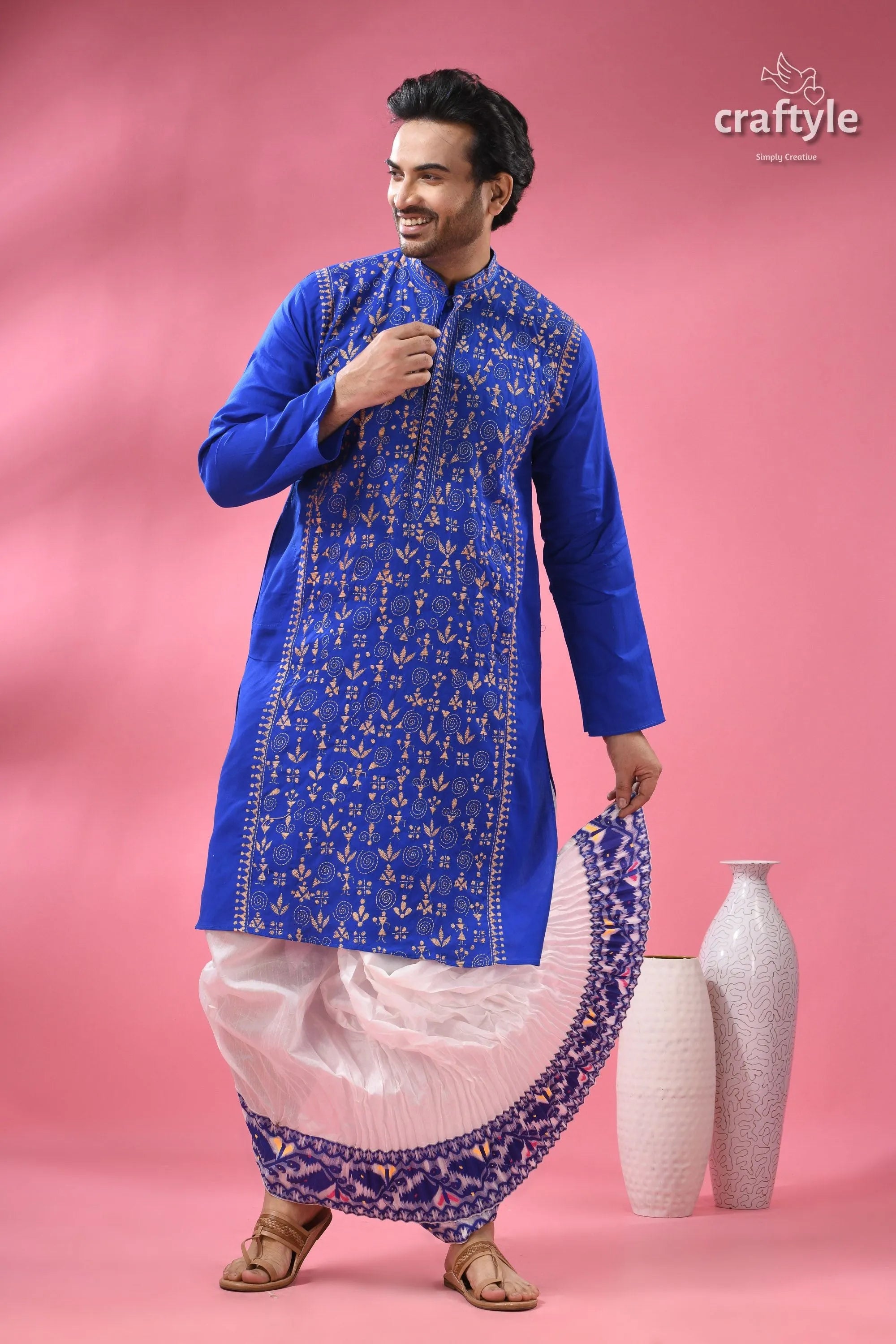 Warli design palatinate blue mens cotton punjabi - kantha stitch royal blue white patterned kurta 1