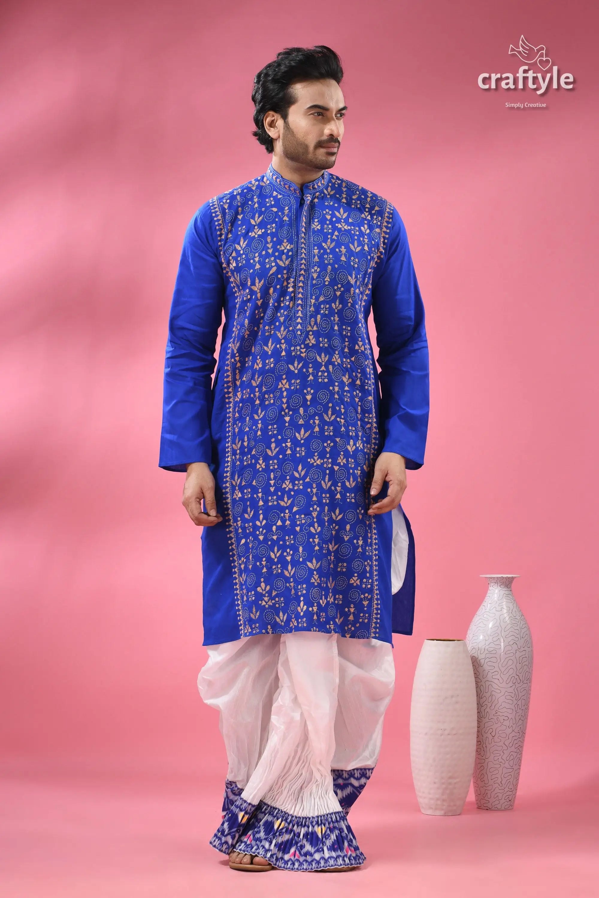 Warli design palatinate blue mens cotton punjabi - kantha stitch royal blue white embroidered kurta 3