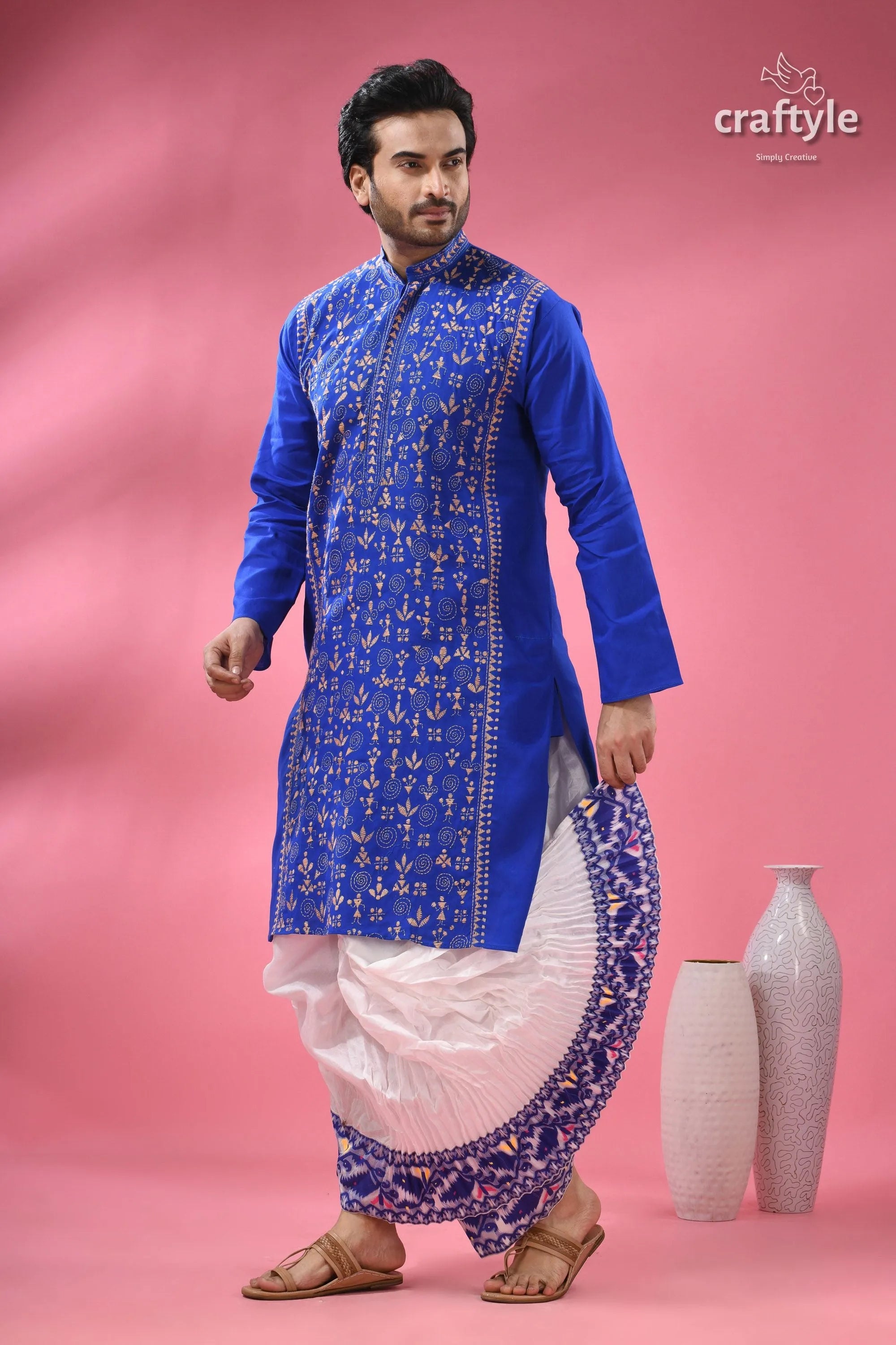 Warli design palatinate blue mens cotton punjabi - kantha stitch royal blue white embroidered kurta 6