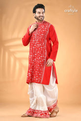 Warli design vivid red kantha stitch cotton kurta for men men’s red patterned kurta white 4