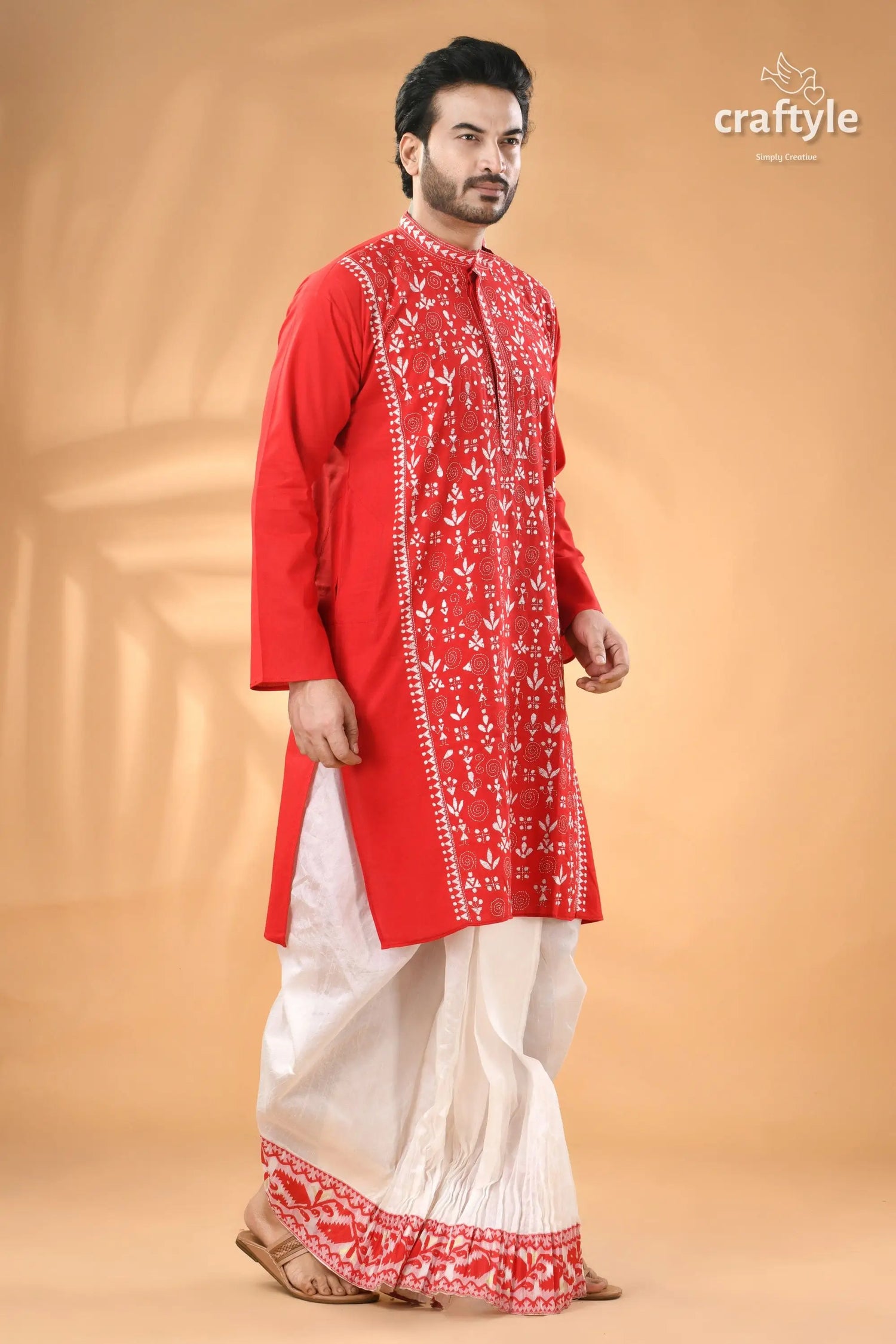 Warli design vivid red kantha stitch cotton kurta for men men’s red embroidered kurta white 3