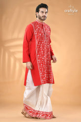 Warli design vivid red kantha stitch cotton kurta for men men’s red embroidered kurta white 3