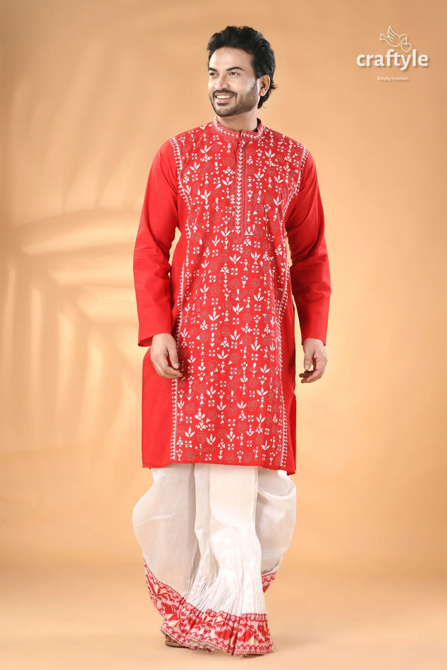 Warli design vivid red kantha stitch cotton kurta for men men’s red embroidered kurta white 5