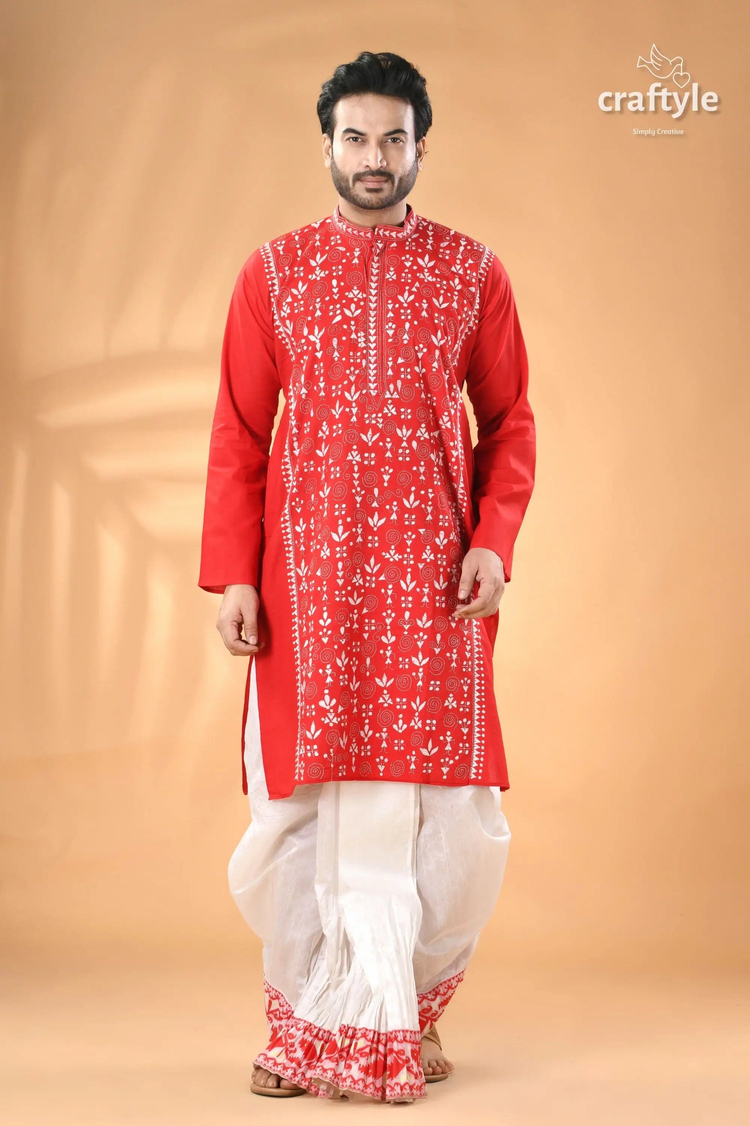 Warli design vivid red kantha stitch cotton kurta for men men’s red embroidered cotton panjabi 1