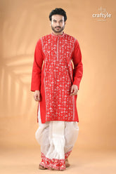 Warli design vivid red kantha stitch cotton kurta for men men’s red embroidered cotton panjabi 1