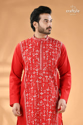 Warli design vivid red kantha stitch cotton kurta for men men’s red embroidered kurta band 2