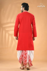 Warli design vivid red kantha stitch cotton kurta for men man’s red kurta white patterned 6