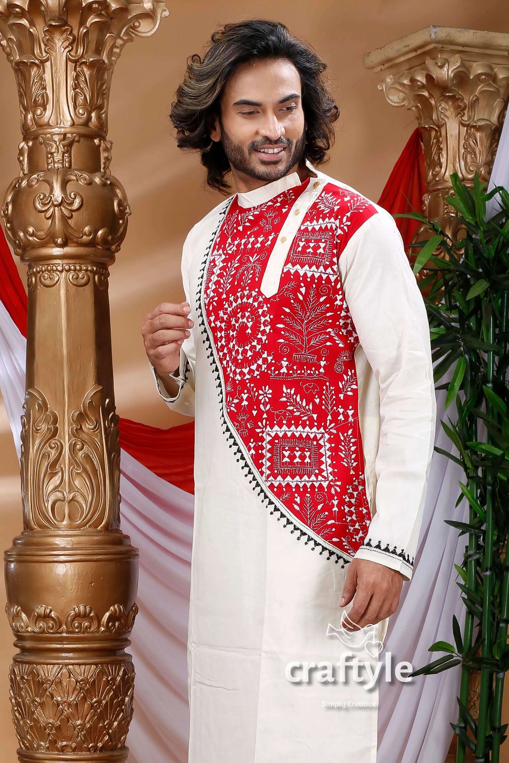 Warli design white kantha work cotton kurta for men man intricate red 2
